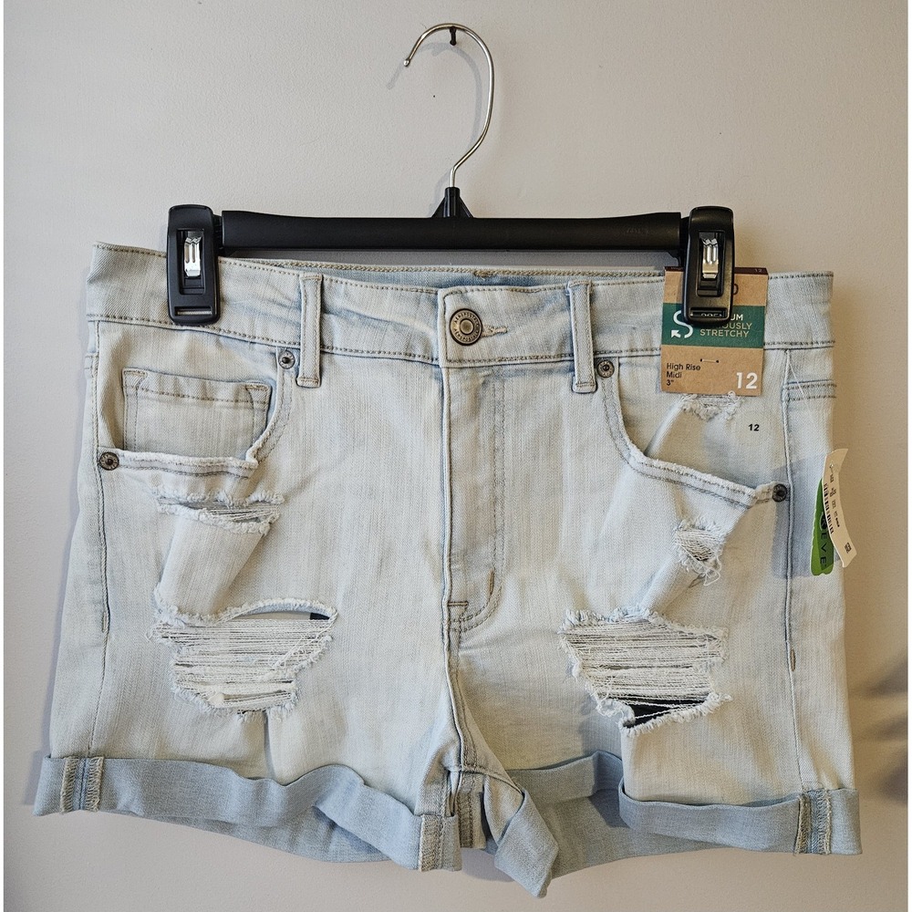 Aeropostale High Rise 3" Midi Jean Shorts‎ Women's sz 12 Distressed Light Wash